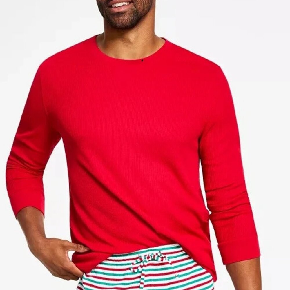 Family Pajamas Men's Waffle Knit PJ Top, Red, Small